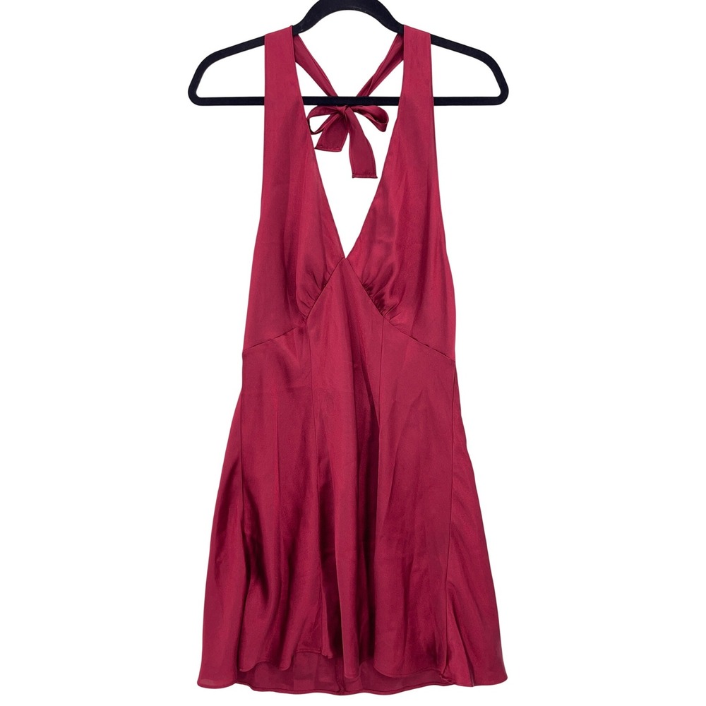 Frederick's of Hollywood Burgundy Halter Mini Dress L Satin Open Back V-Neck